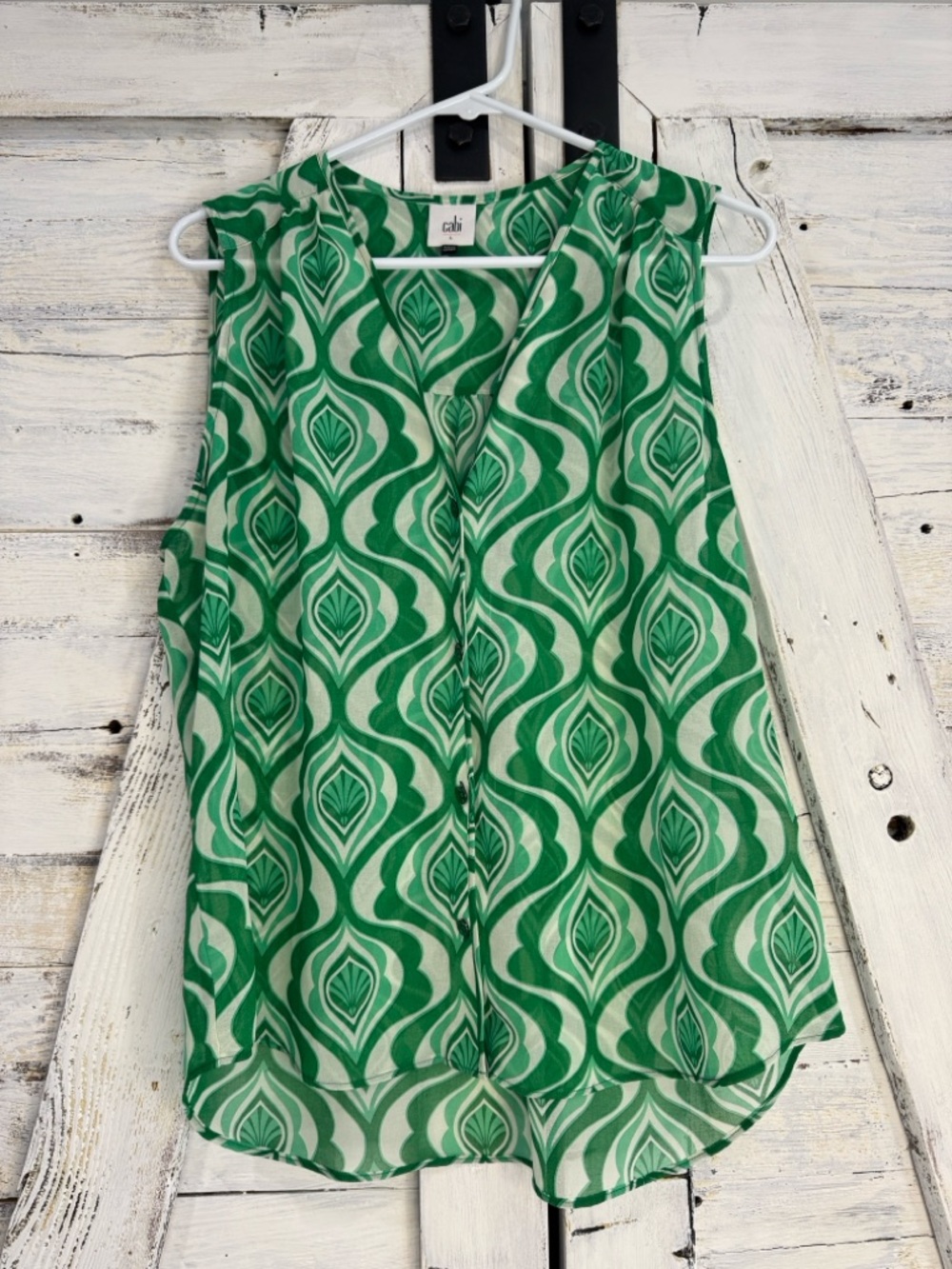 CAbi Green and White Sleeveless Button Front Top